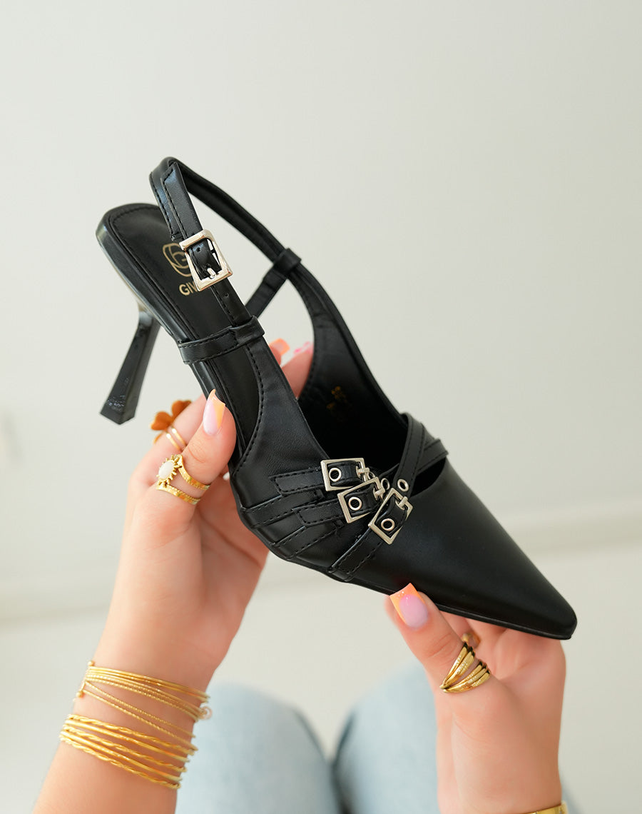 Escarpins Noirs à Triple Lanières et Bout Pointu