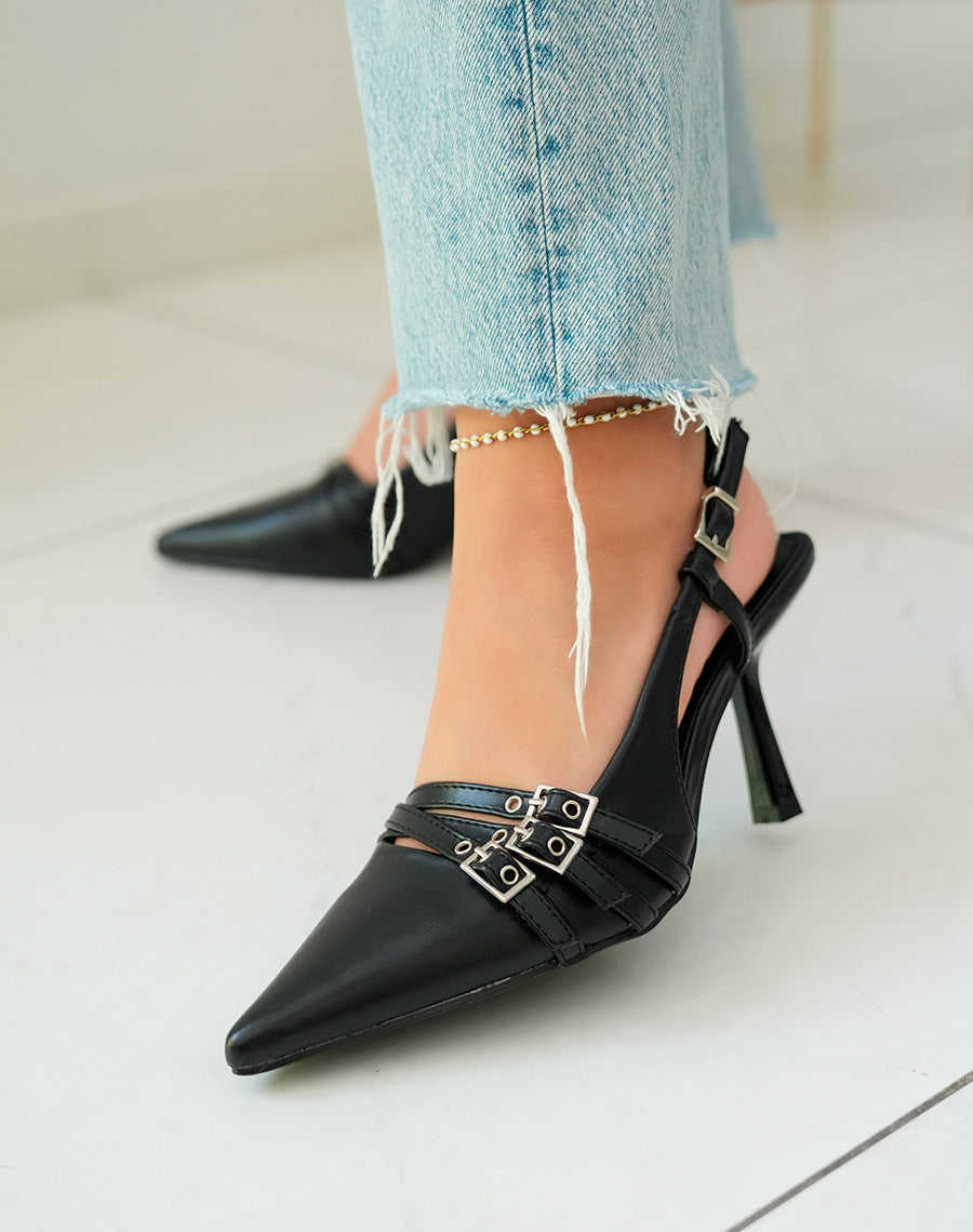 Escarpins Noirs à Triple Lanières et Bout Pointu