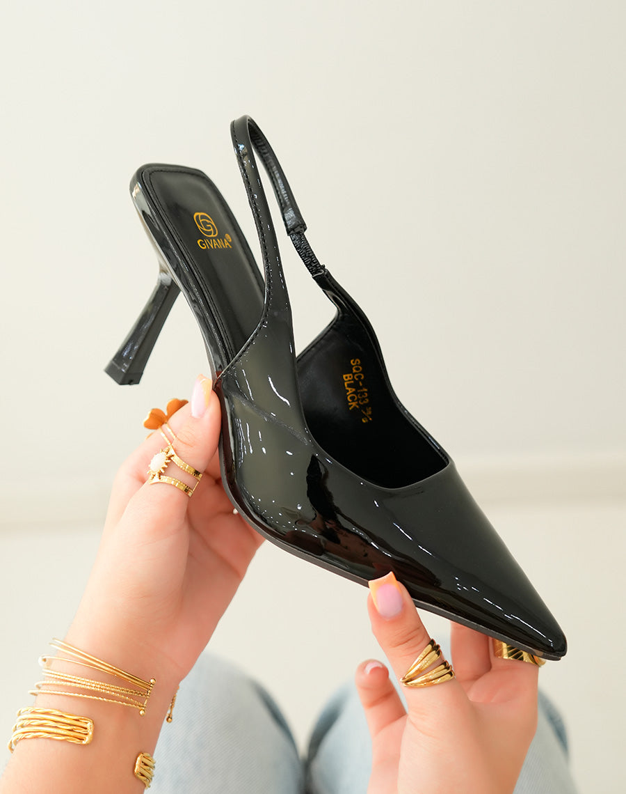Escarpins noirs vernis élégants avec lanière élastique et bout pointu
