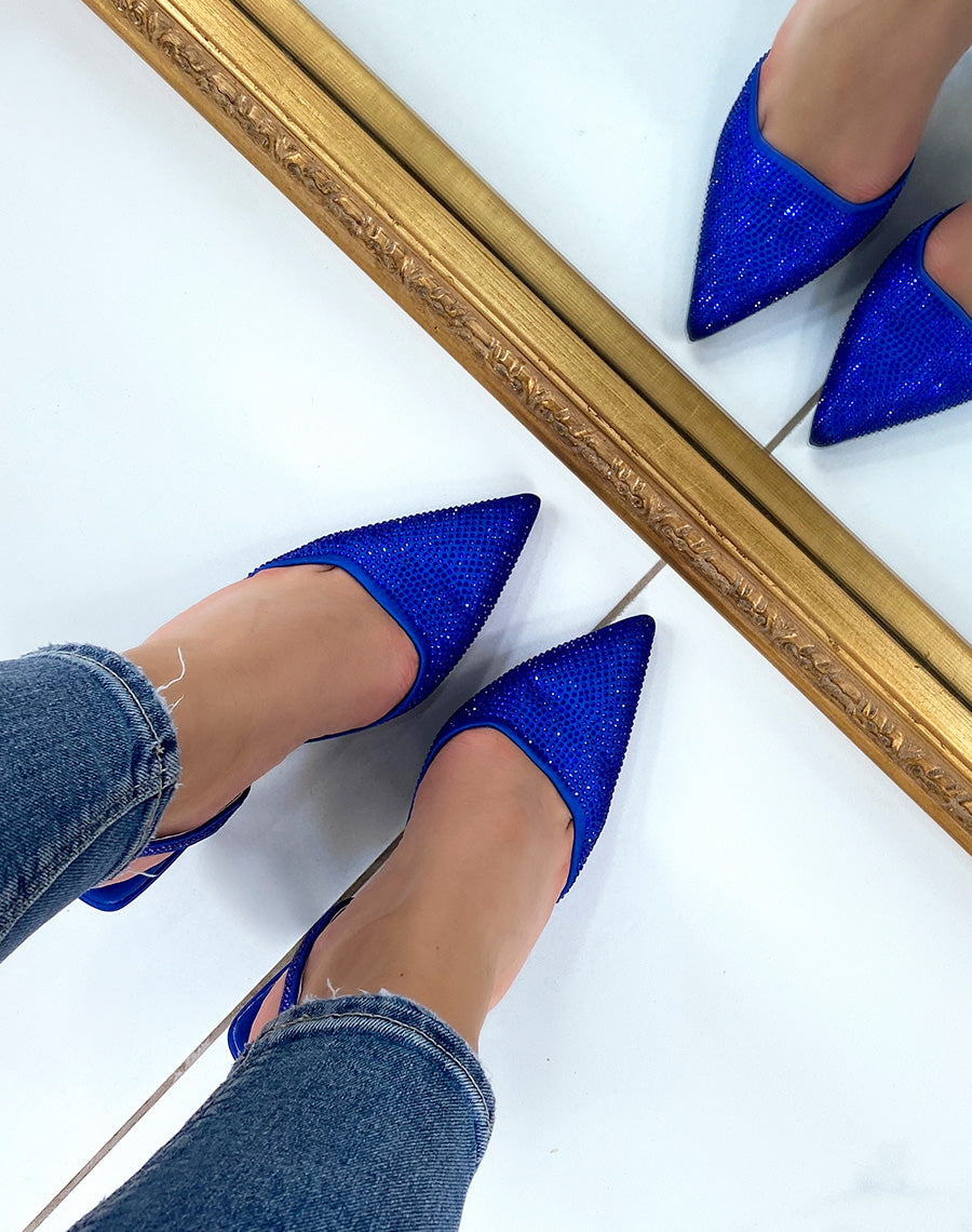 Escarpins ouverts bleus à strass