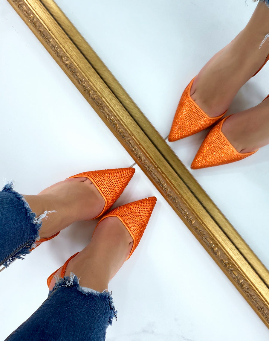 Escarpins ouverts oranges à strass