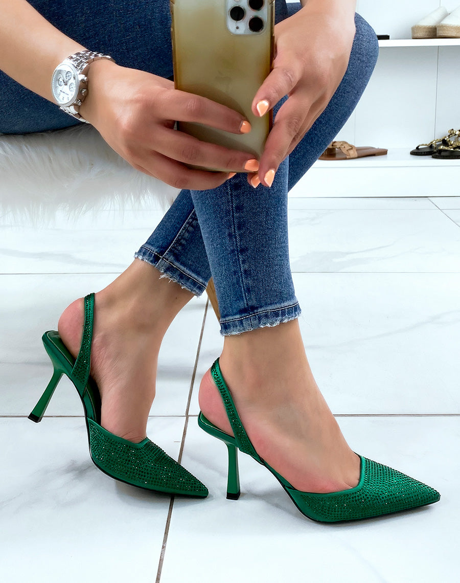 Escarpins ouverts verts à strass