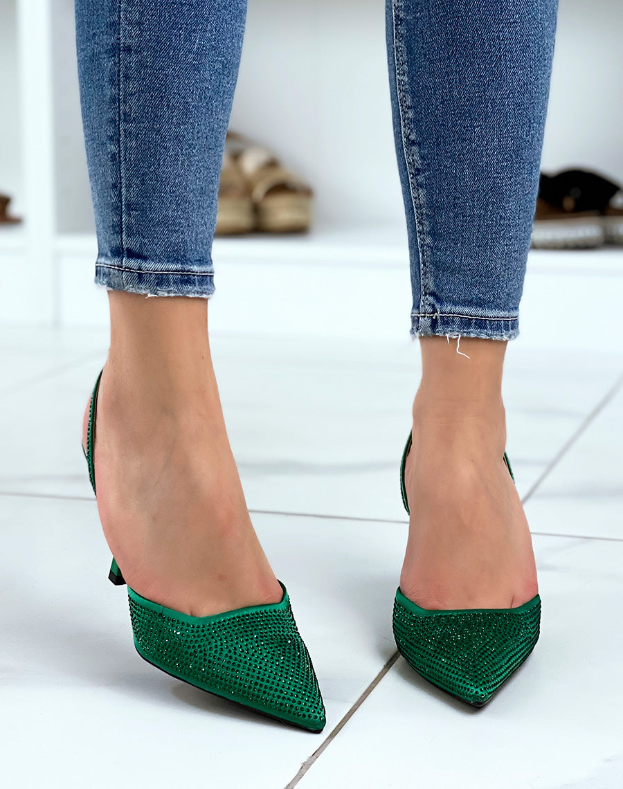 Escarpins ouverts verts à strass