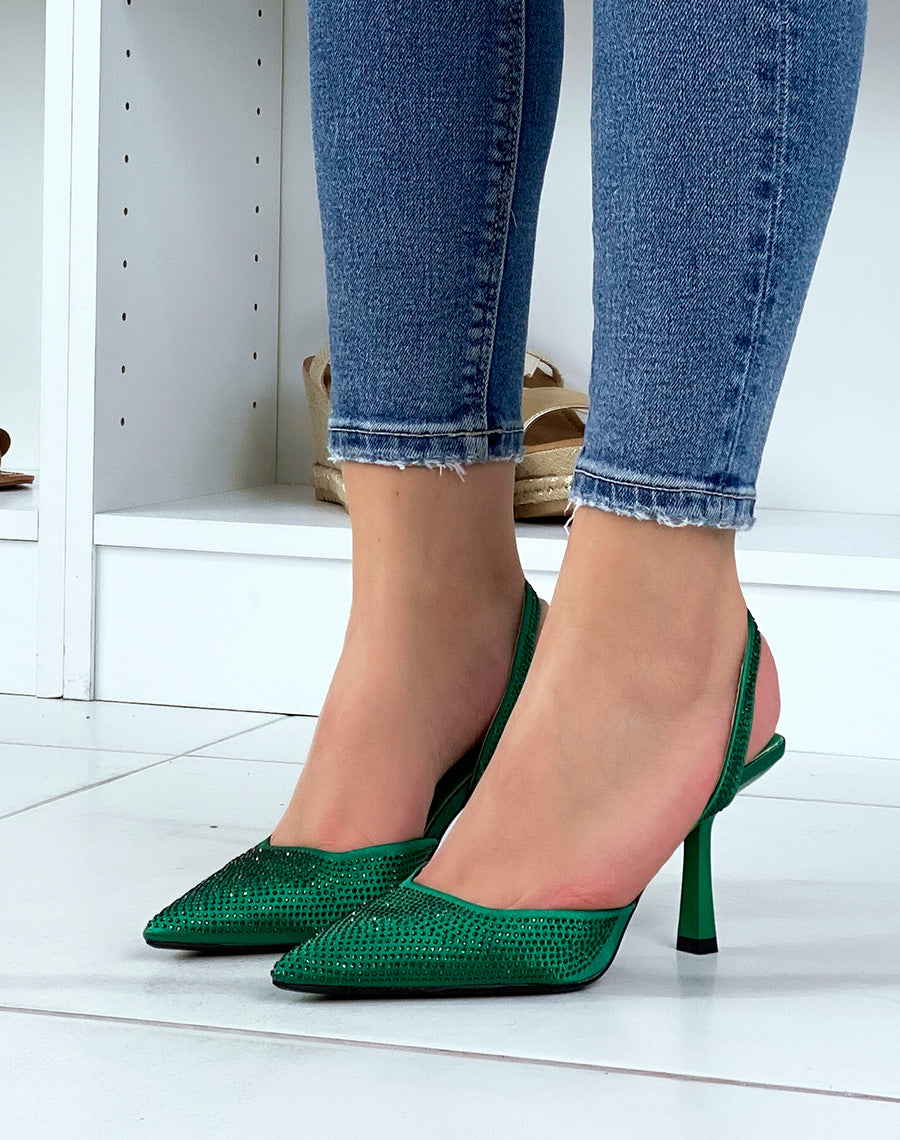 Escarpins ouverts verts à strass