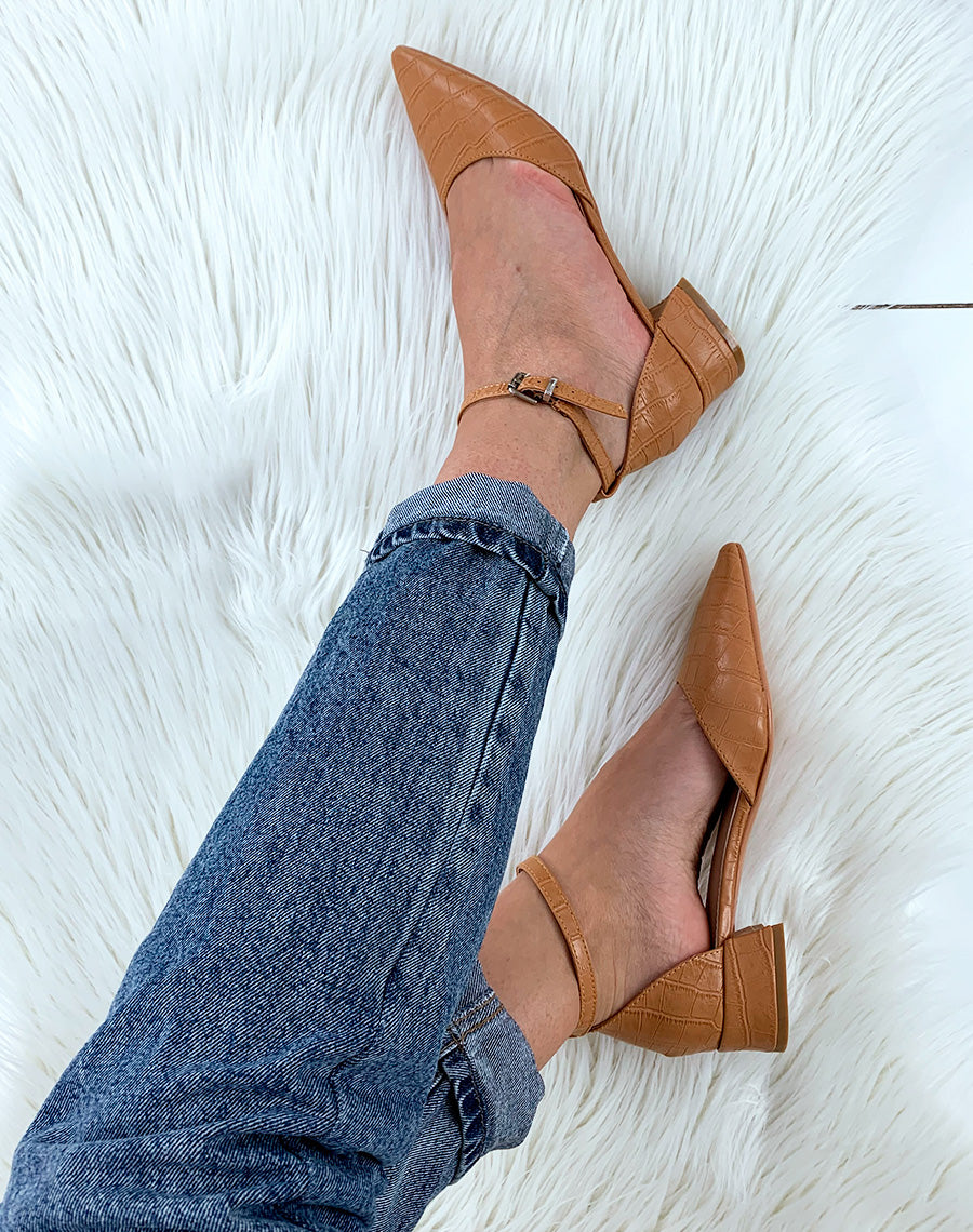 Escarpins à petit talon camel effet croco