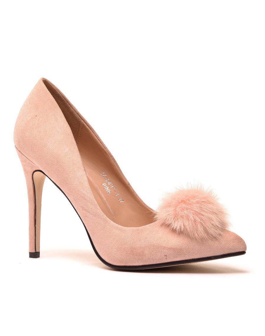 Escarpins roses en suédine avec pompon