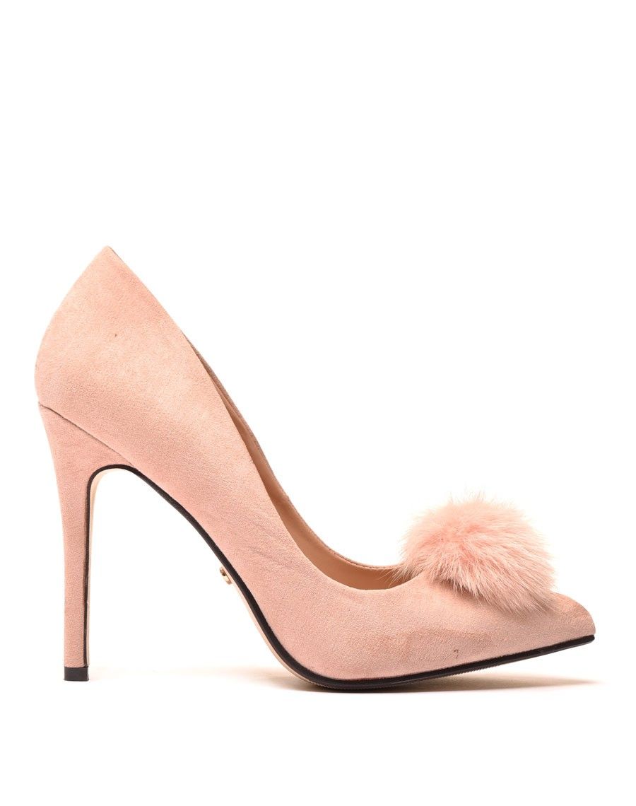 Escarpins roses en suédine avec pompon