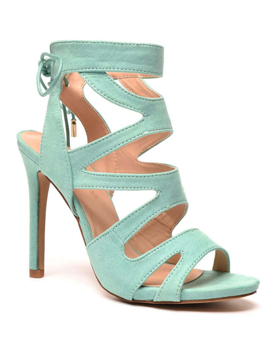 Escarpins verts à brides multiples et lacet arrière