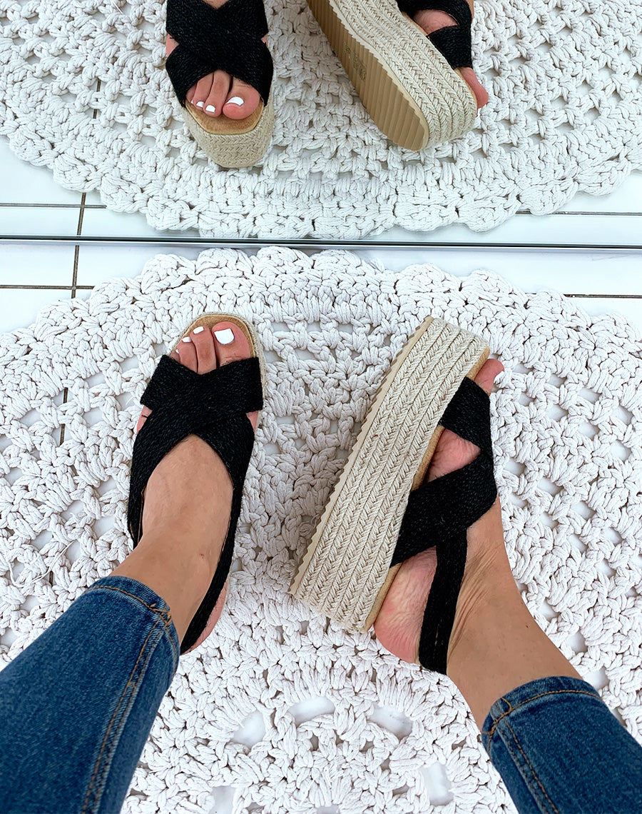 Espadrilles compensées en raphia noires