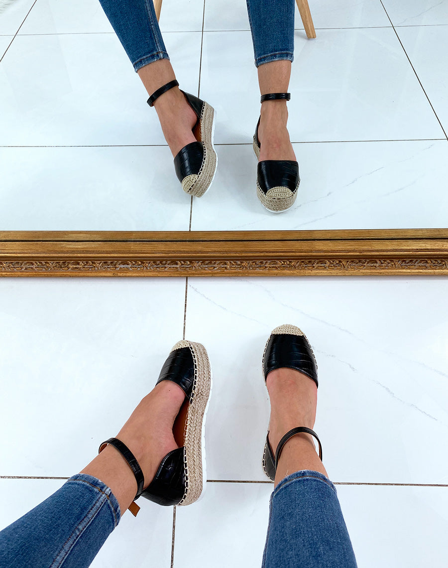 Espadrilles compensées noires effet croco