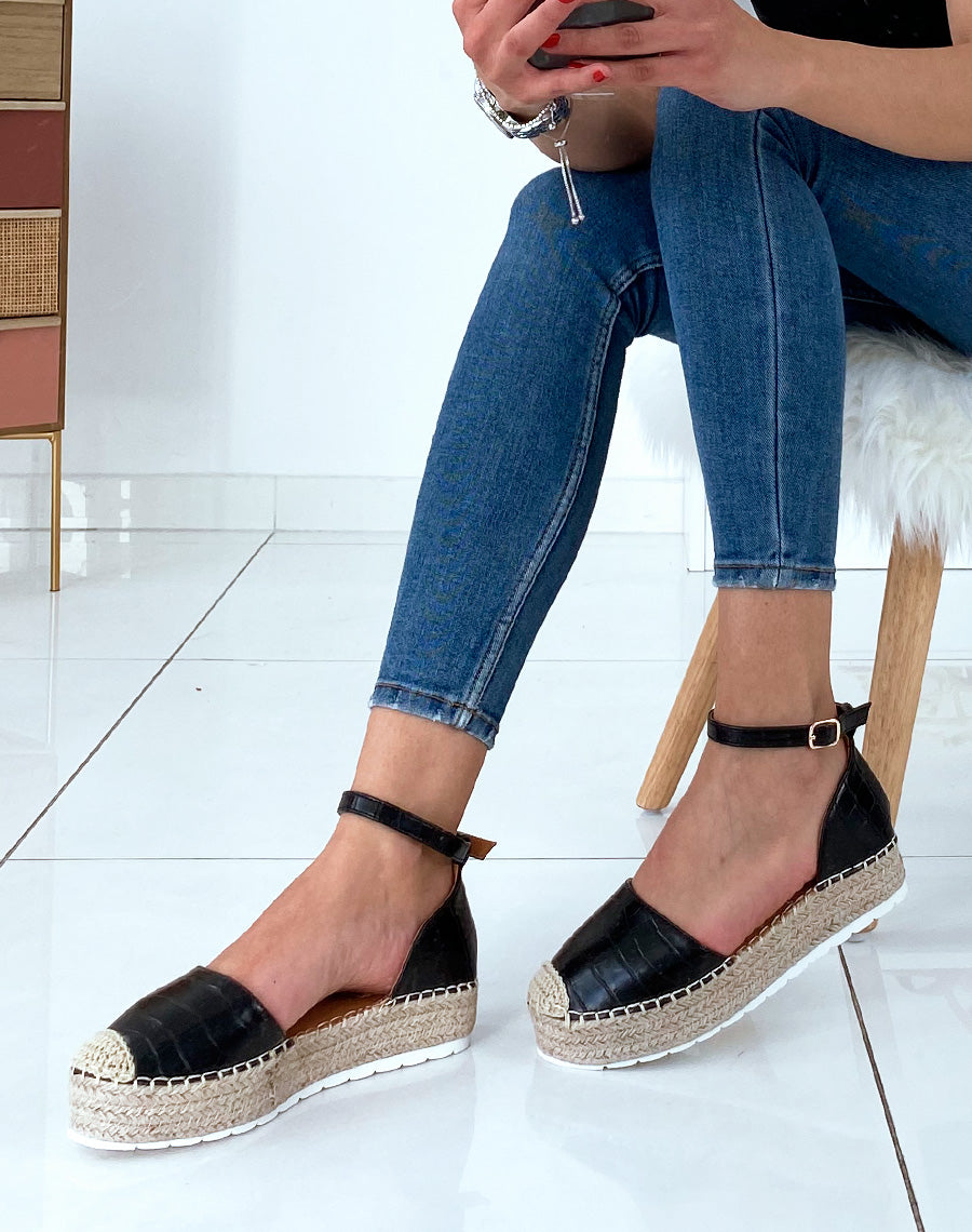 Espadrilles compensées noires effet croco