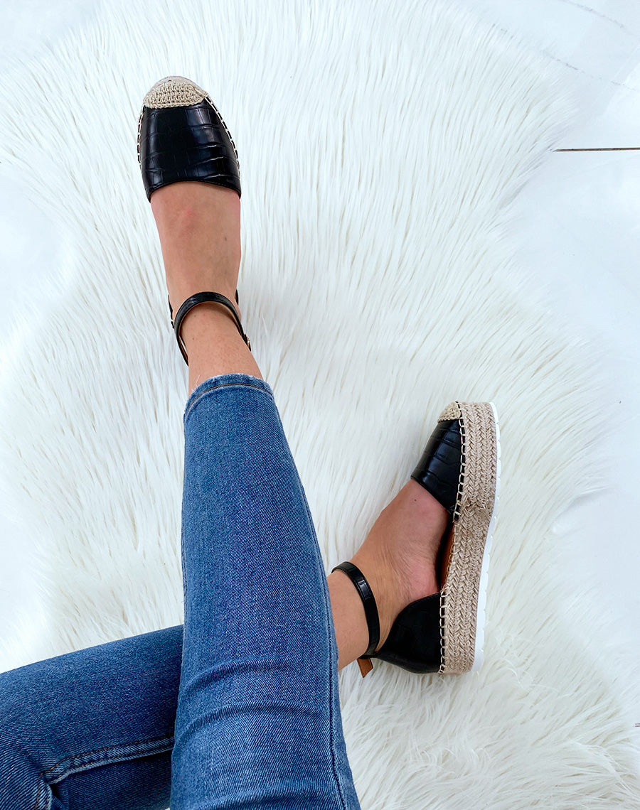 Espadrilles compensées noires effet croco