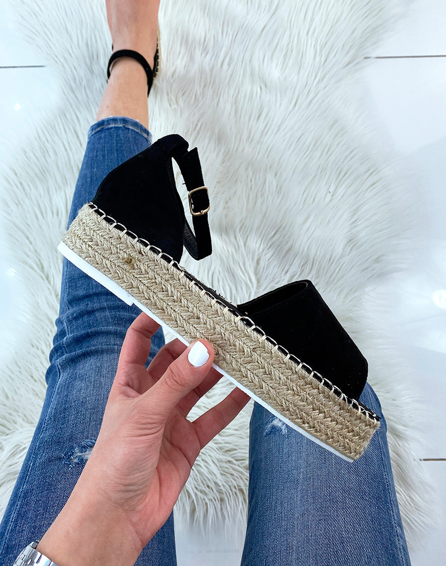 Espadrilles noires à bout ouvert et talon compensé