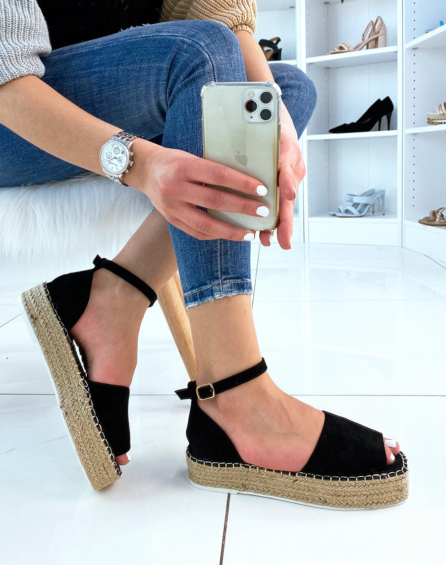 Espadrilles noires à bout ouvert et talon compensé