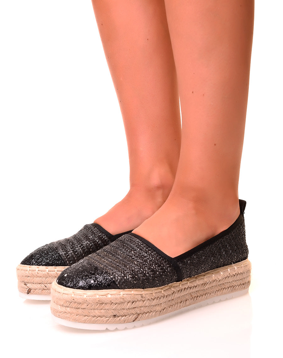Espadrilles noires compensées à détails paillettés noirs