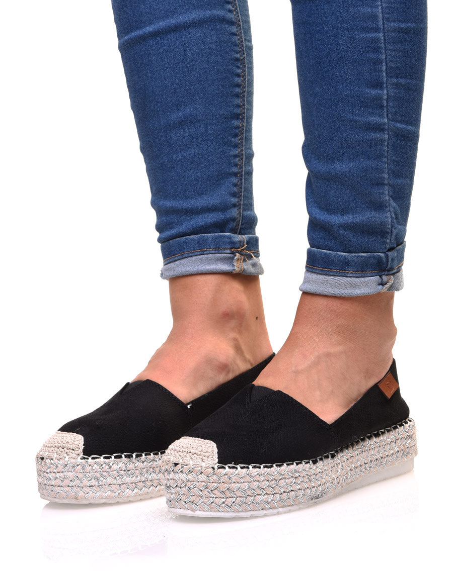 Espadrilles noires compensées à semelle tressée argentée