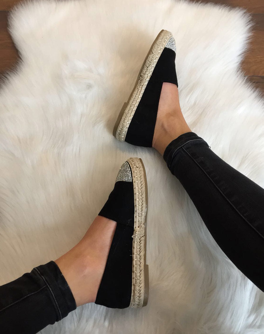 Espadrilles noires en suédine ornées de strass