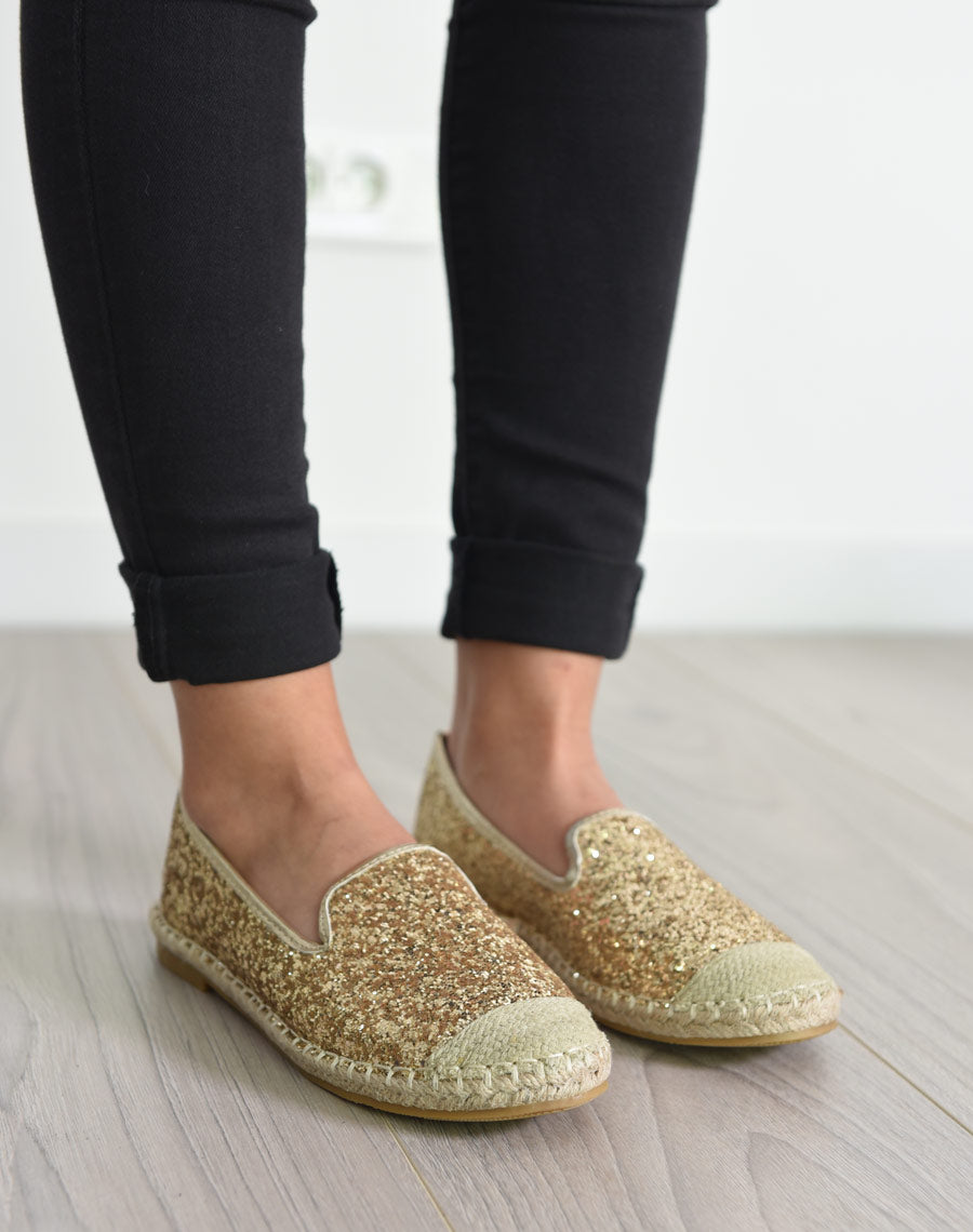 Espadrilles paillettes doré bout tressé