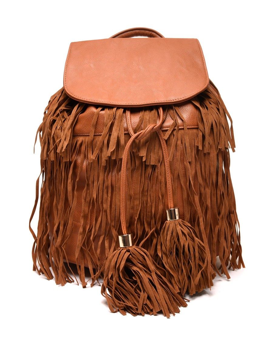 Grand sac à dos à franges camel
