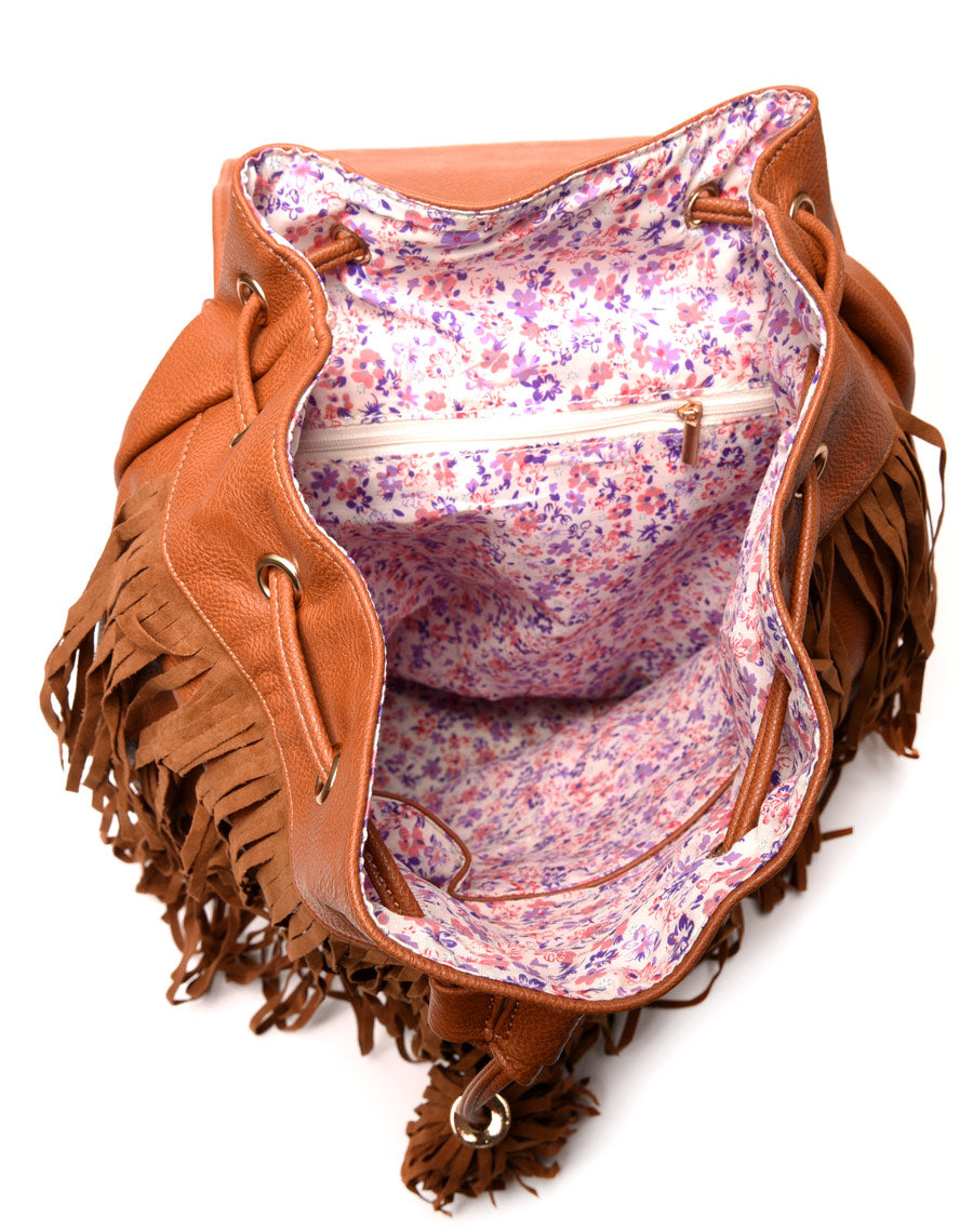 Grand sac à dos à franges camel