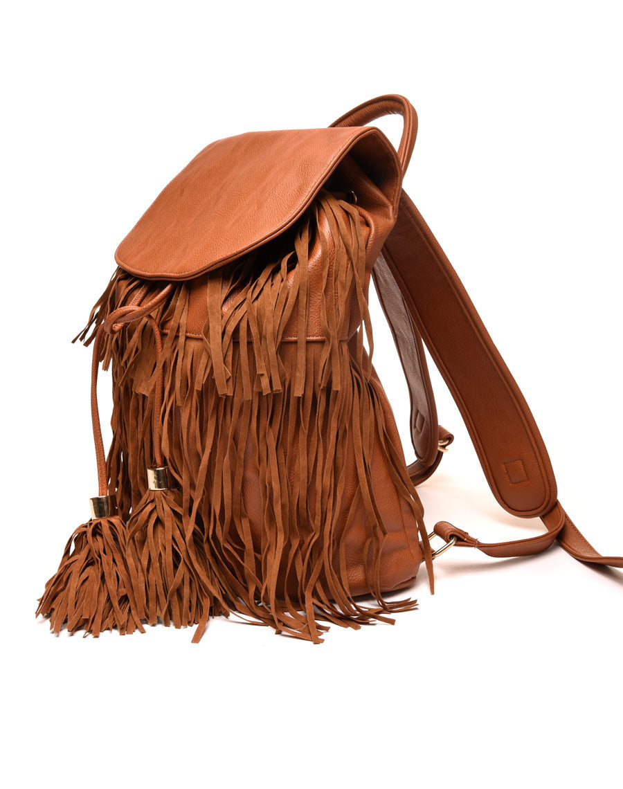 Grand sac à dos à franges camel