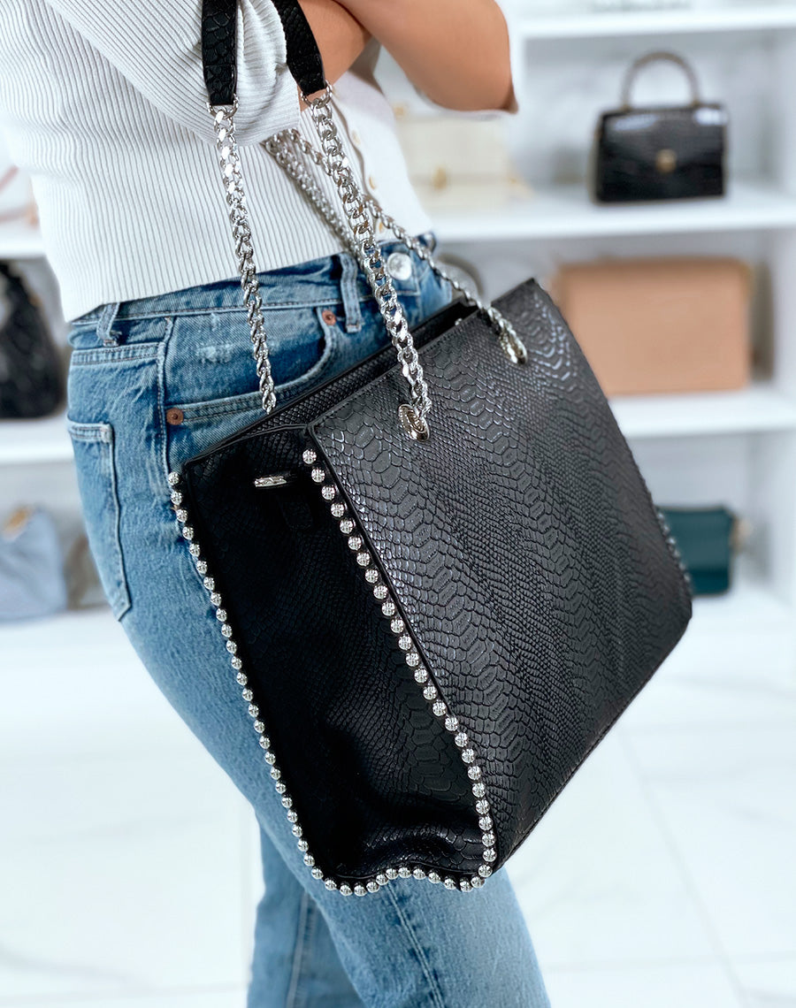 Grand sac à main noir effet croco à détail argenté