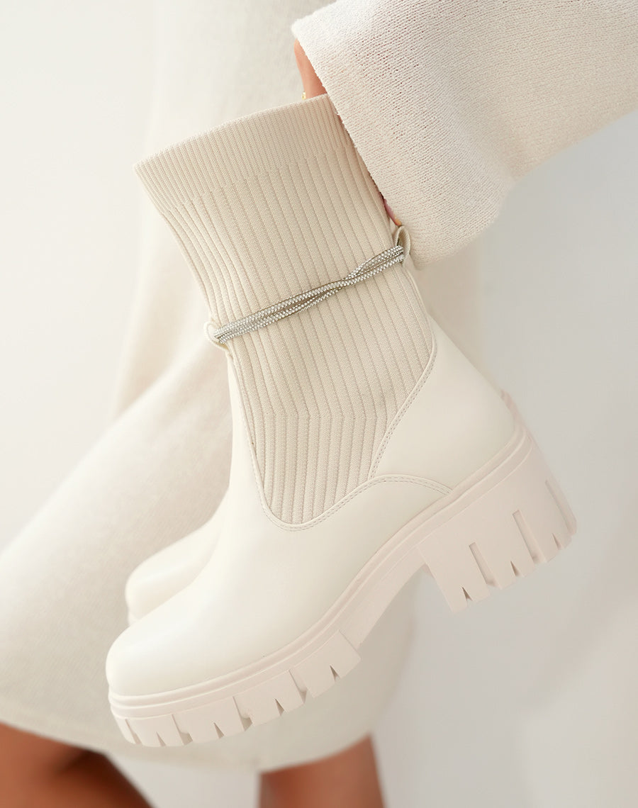 Élégantes Bottines Beiges Femme à Effet Chaussette et Strass