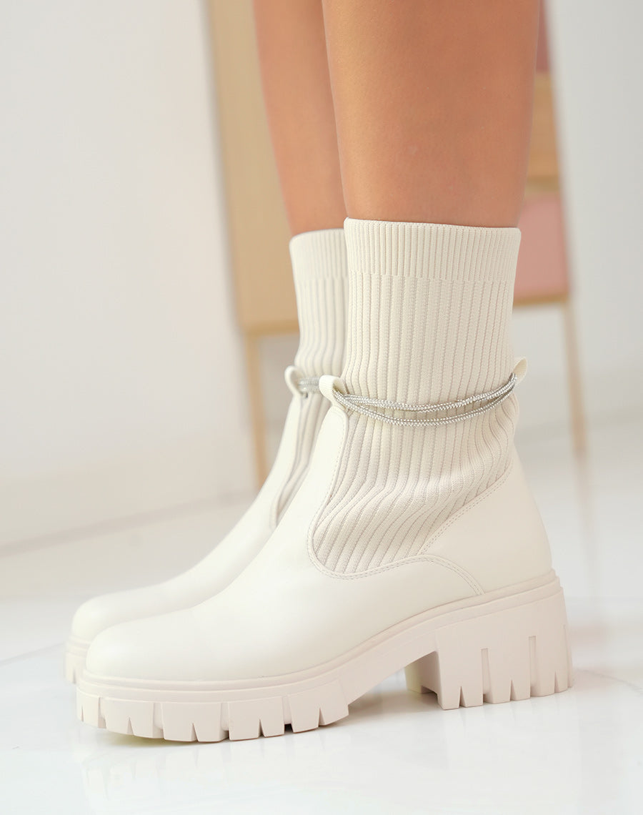 Élégantes Bottines Beiges Femme à Effet Chaussette et Strass