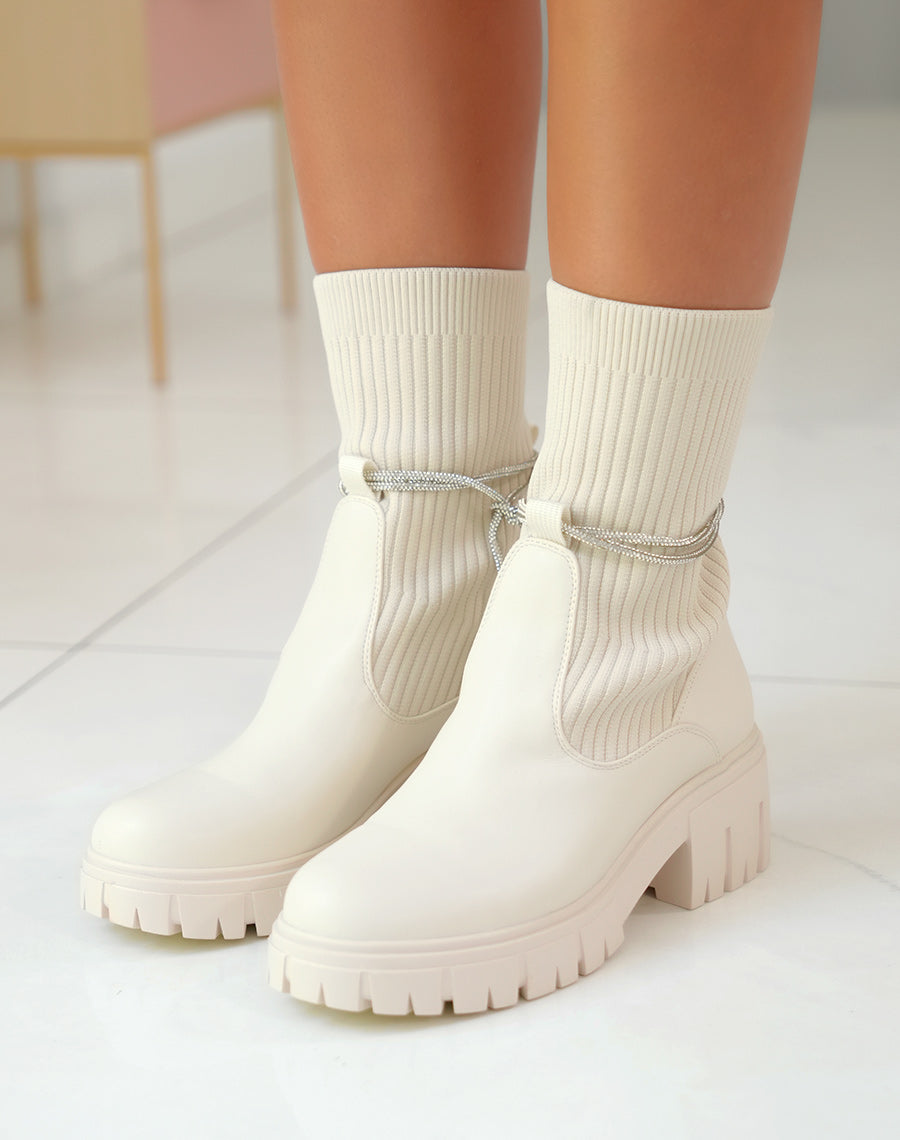 Élégantes Bottines Beiges Femme à Effet Chaussette et Strass