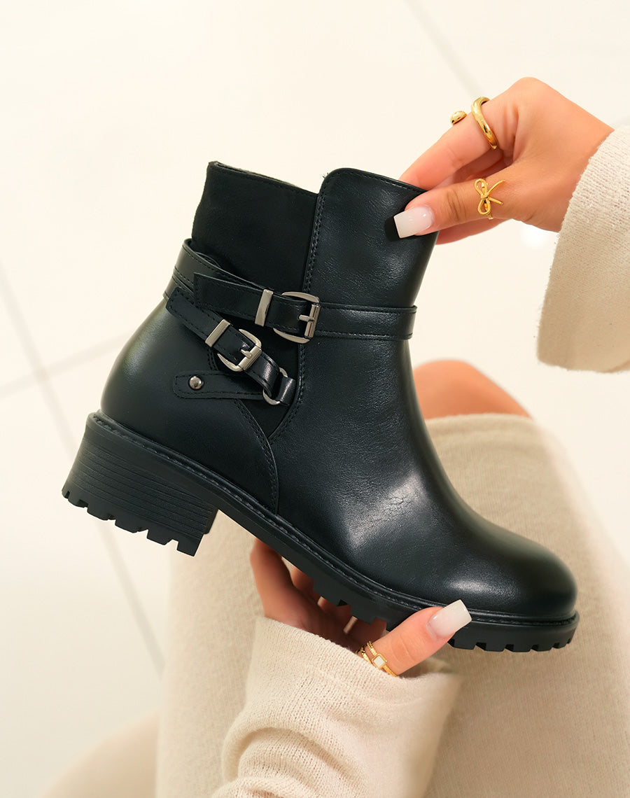 Luxe & Simplicité : Bottines Noires avec Double Lanières Argentées