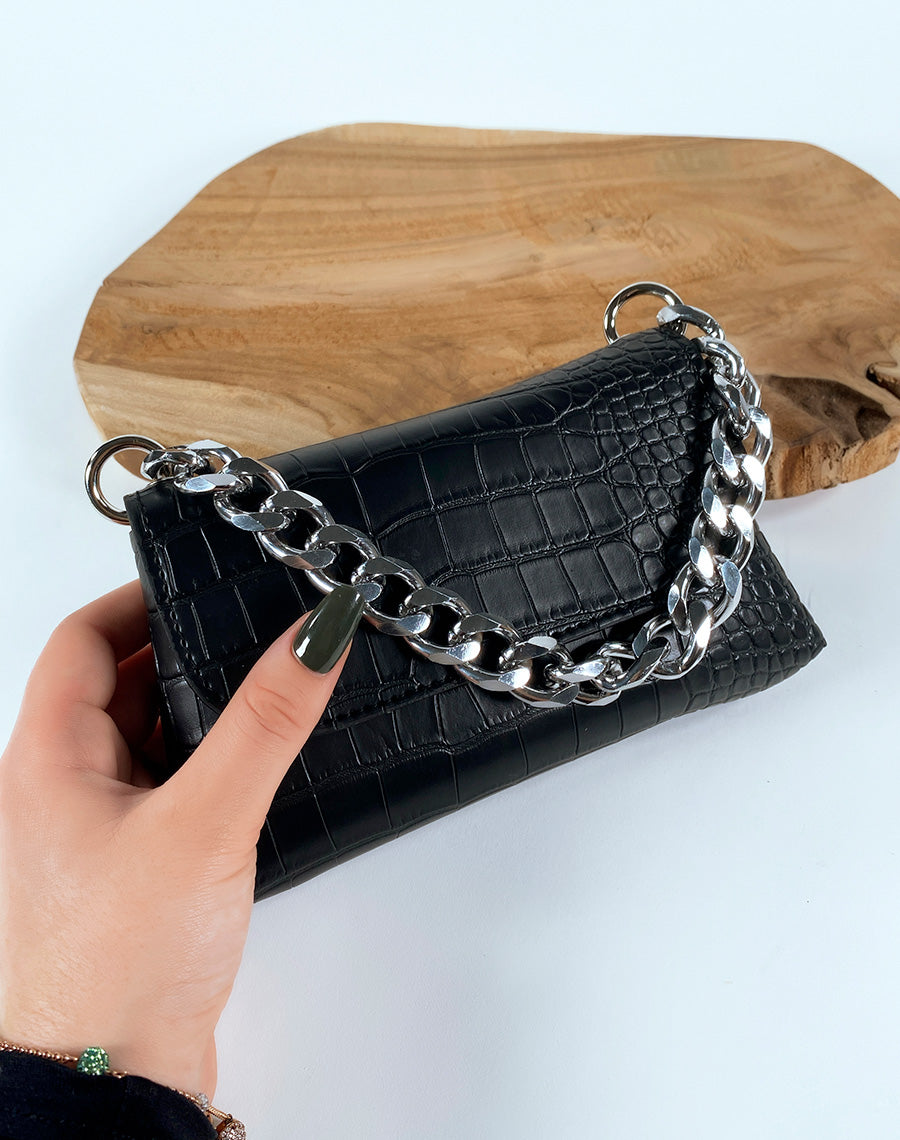Mini sac bandoulière noir effet croco