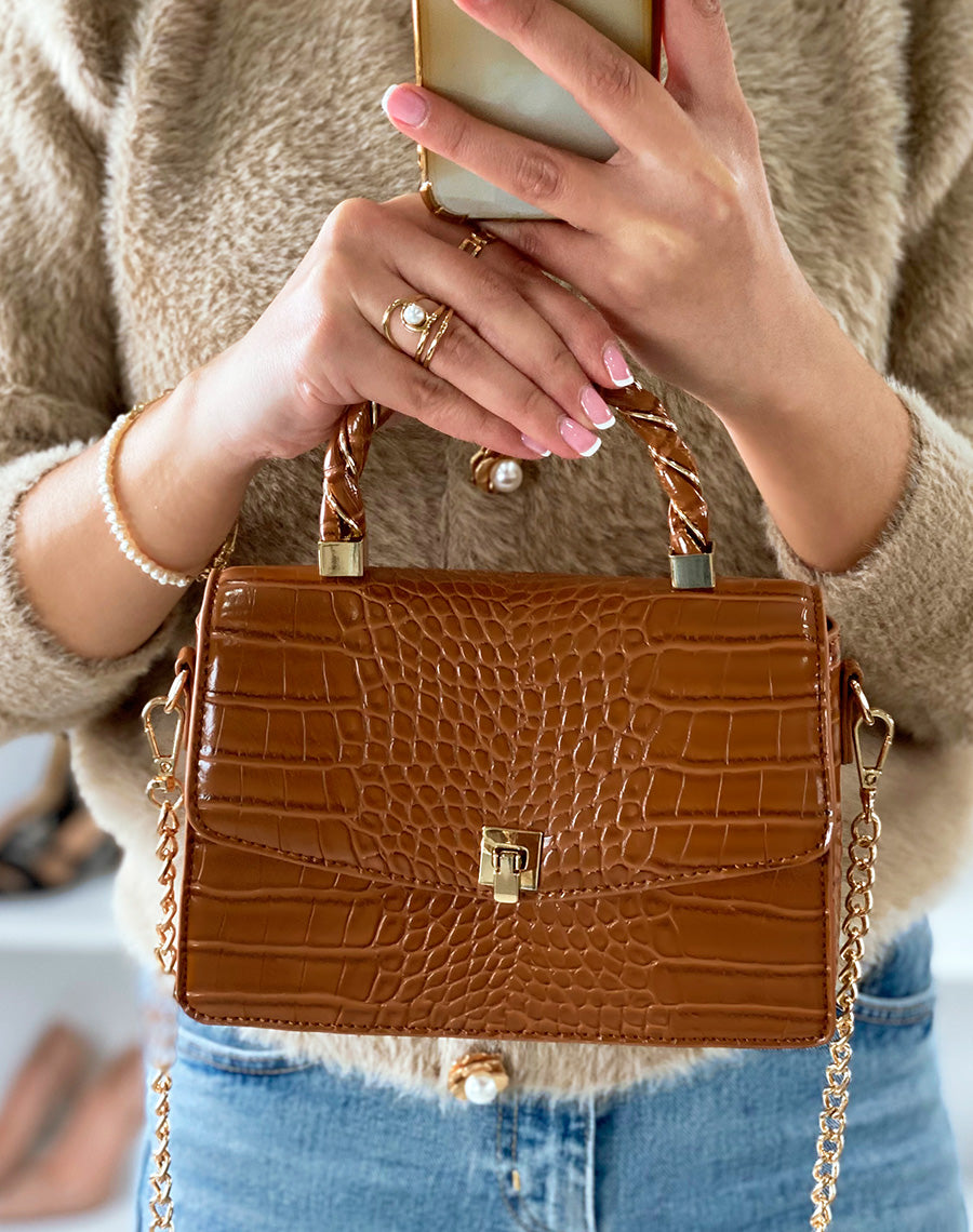 Mini sac à main camel effet croco aux détails dorés