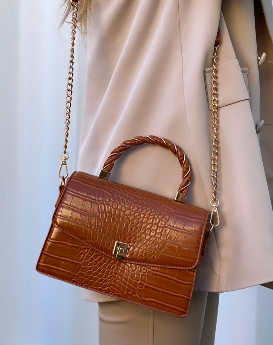 Mini sac à main camel effet croco aux détails dorés