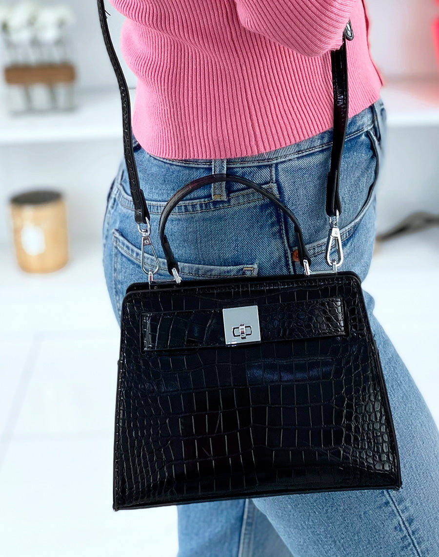 Mini sac à main effet croco noir verni