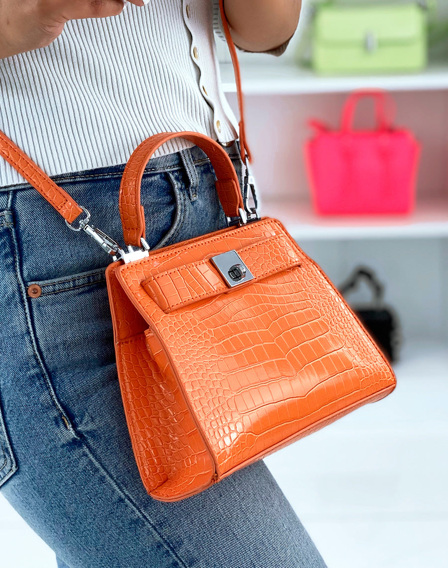 Mini sac à main effet croco orange