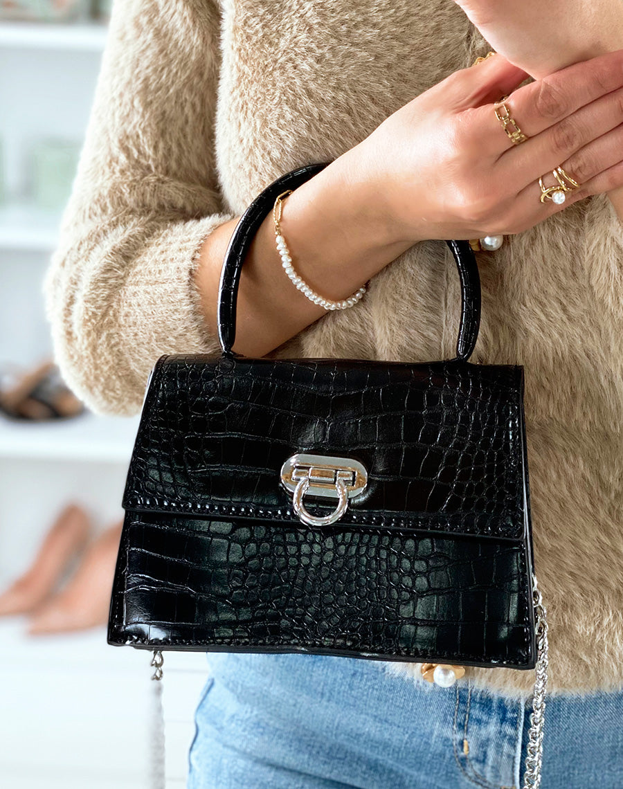 Mini sac à main trapèze effet croco noir