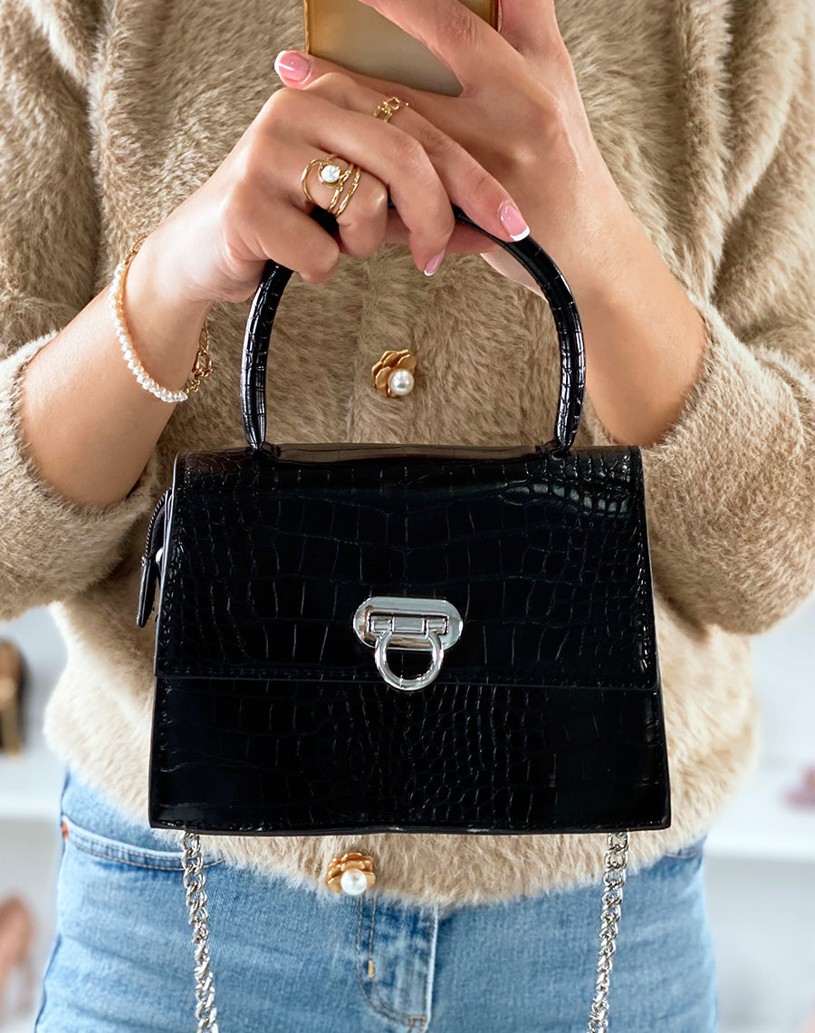 Mini sac à main trapèze effet croco noir