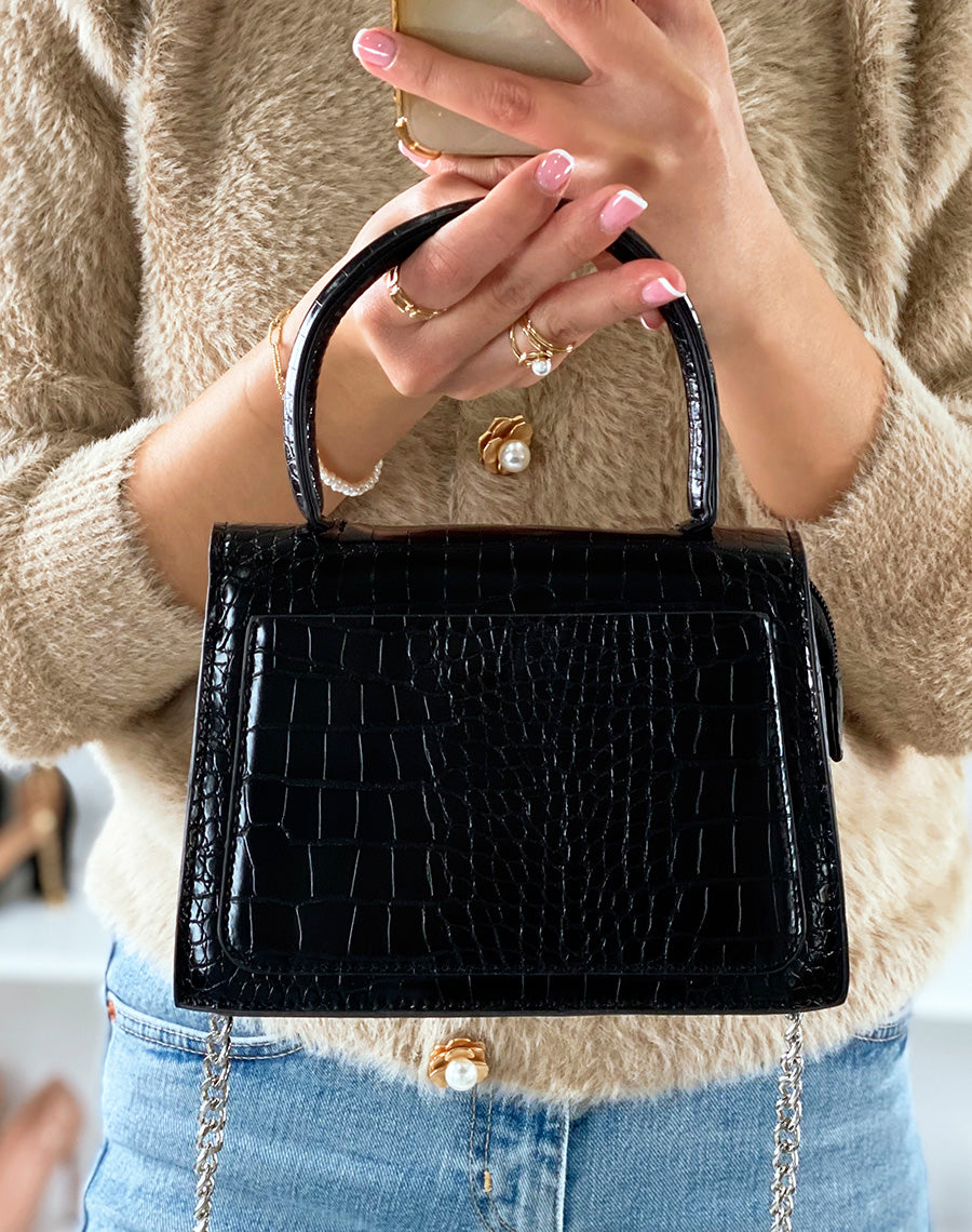 Mini sac à main trapèze effet croco noir