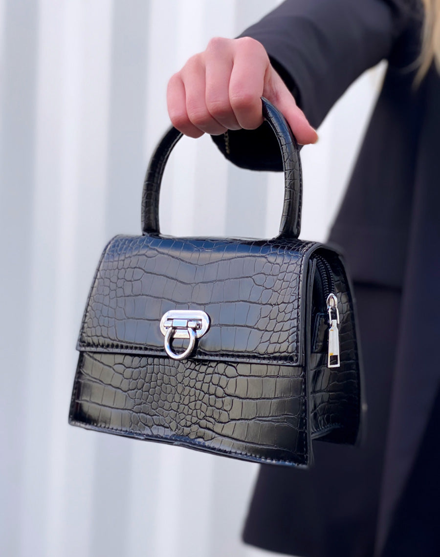 Mini sac à main trapèze effet croco noir
