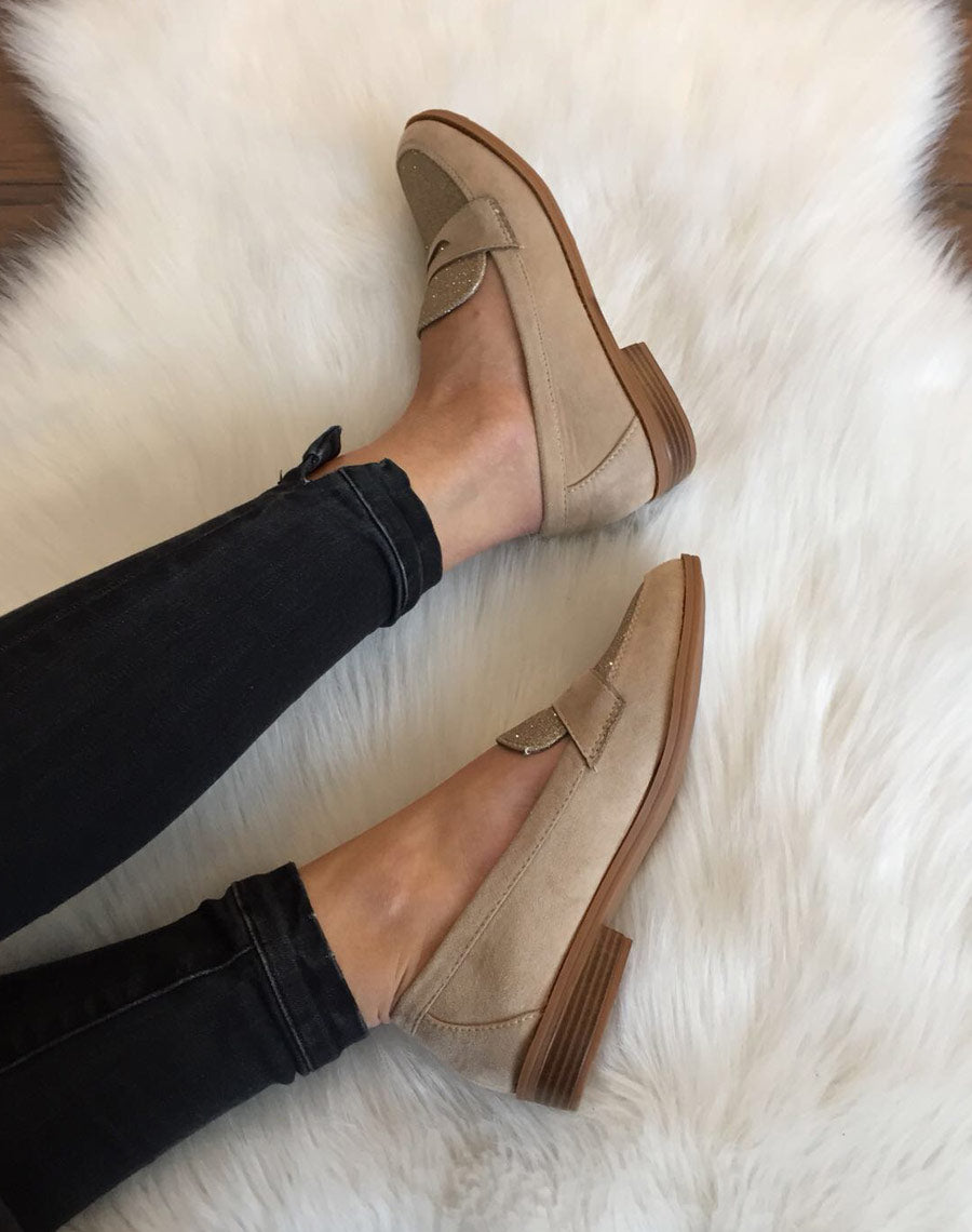 Mocassins beiges en suédine effet pailleté