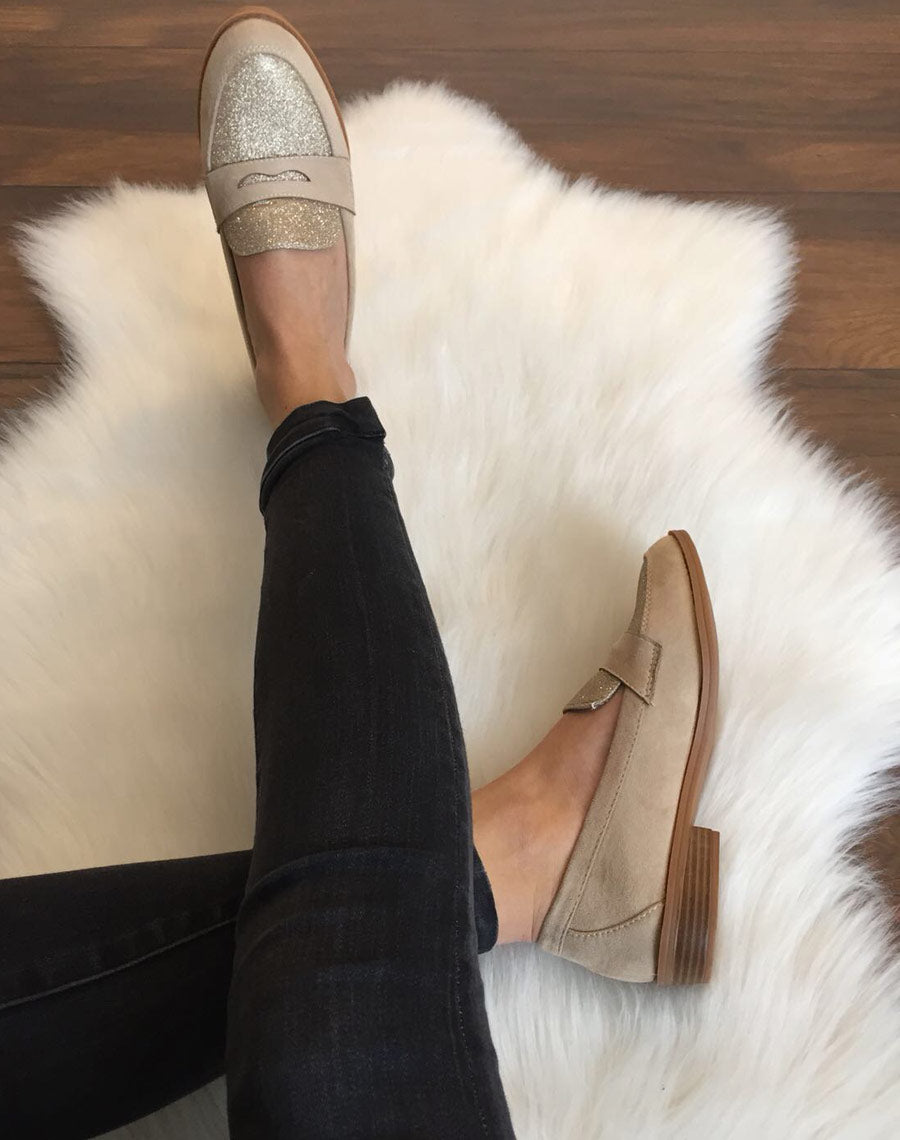 Mocassins beiges en suédine effet pailleté