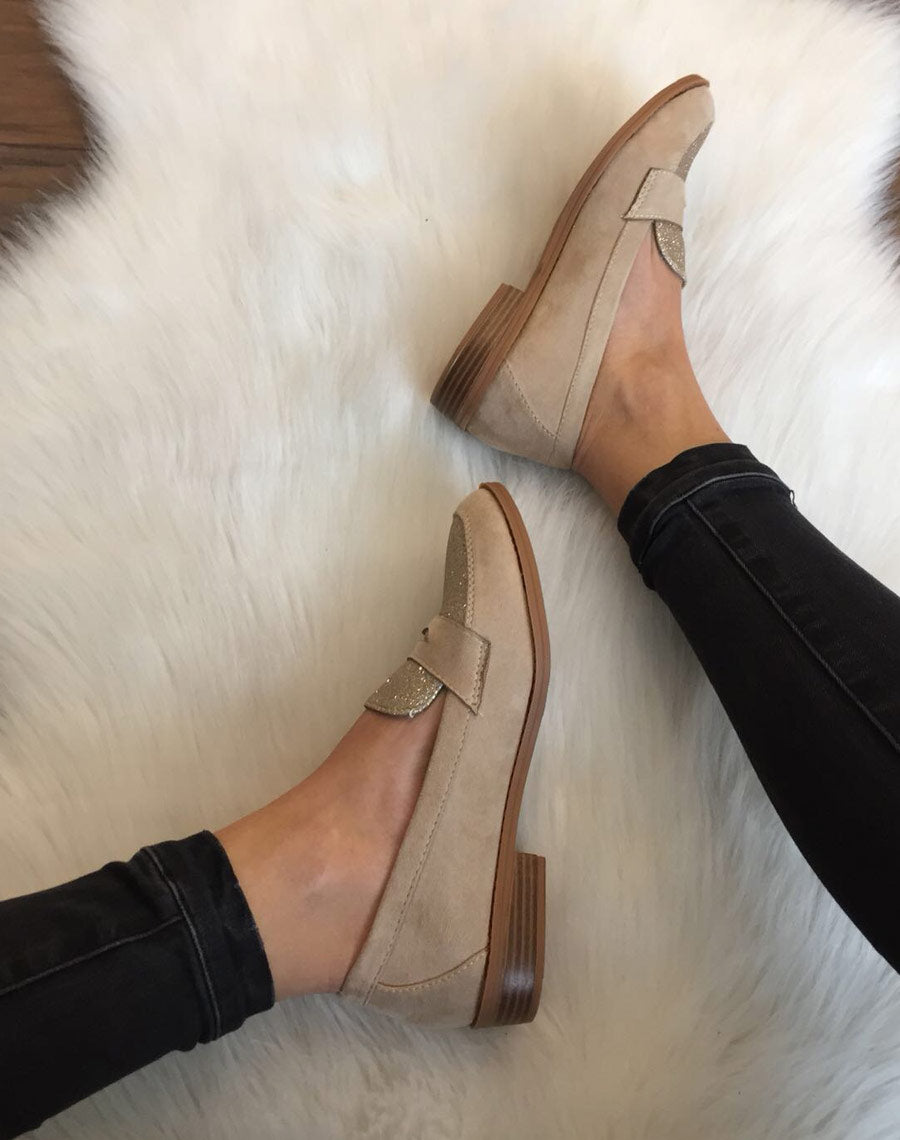 Mocassins beiges en suédine effet pailleté
