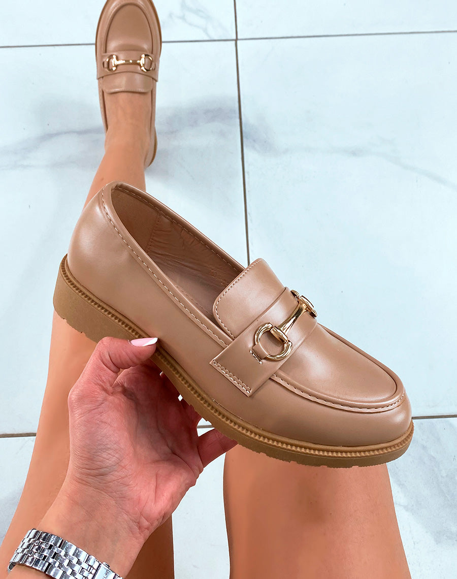 Mocassins beiges foncés à détails rose gold pour femme