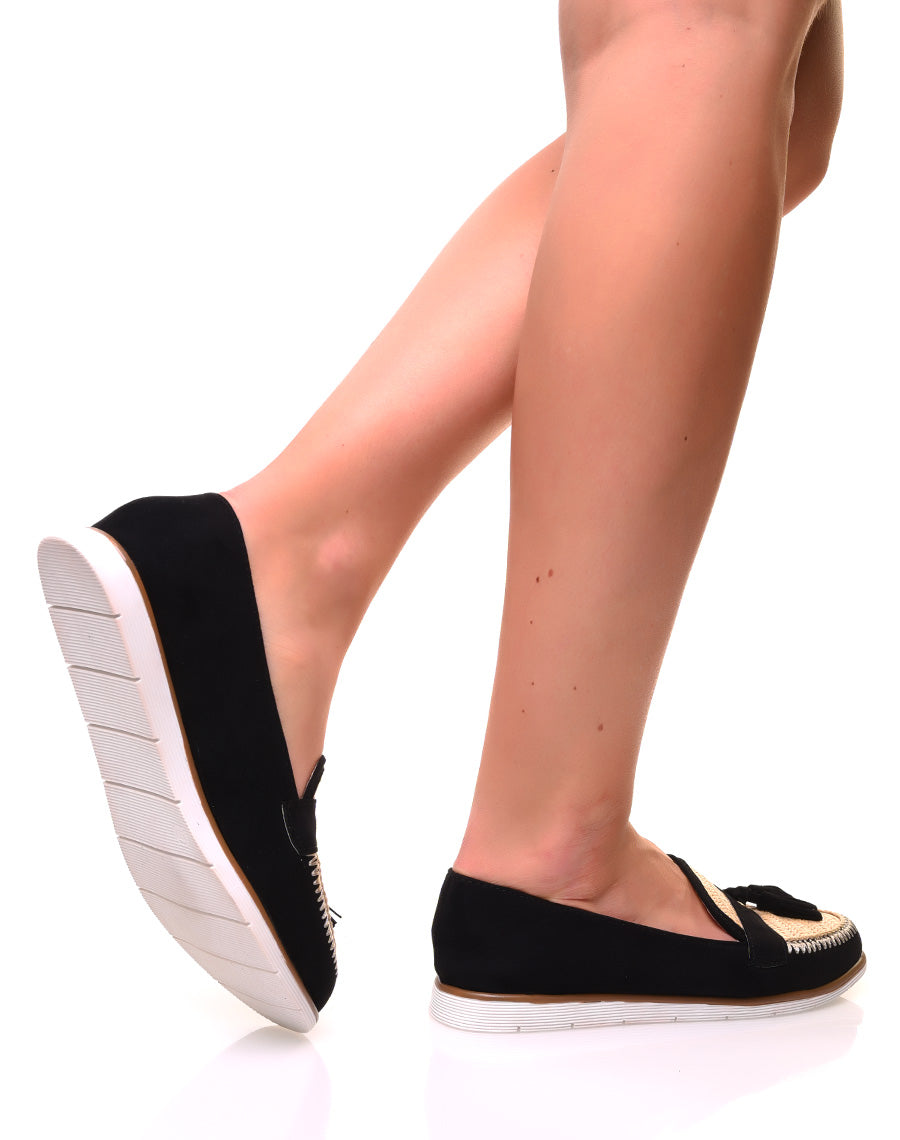 Mocassins en suédine noire et effet osier à pompons