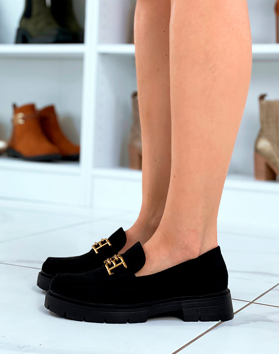Mocassins en suédine noire pour femme avec ornement doré