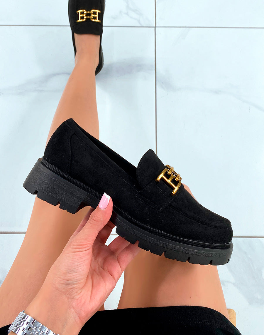 Mocassins en suédine noire pour femme avec ornement doré