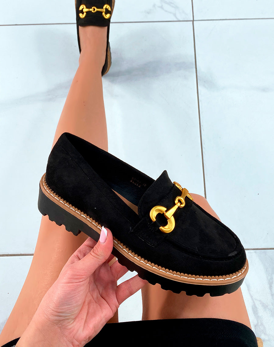Mocassins en suédine noires avec détail doré mat