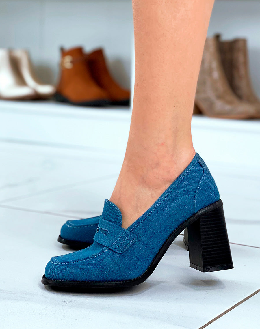 Mocassins femme tendance en jean à talon carré