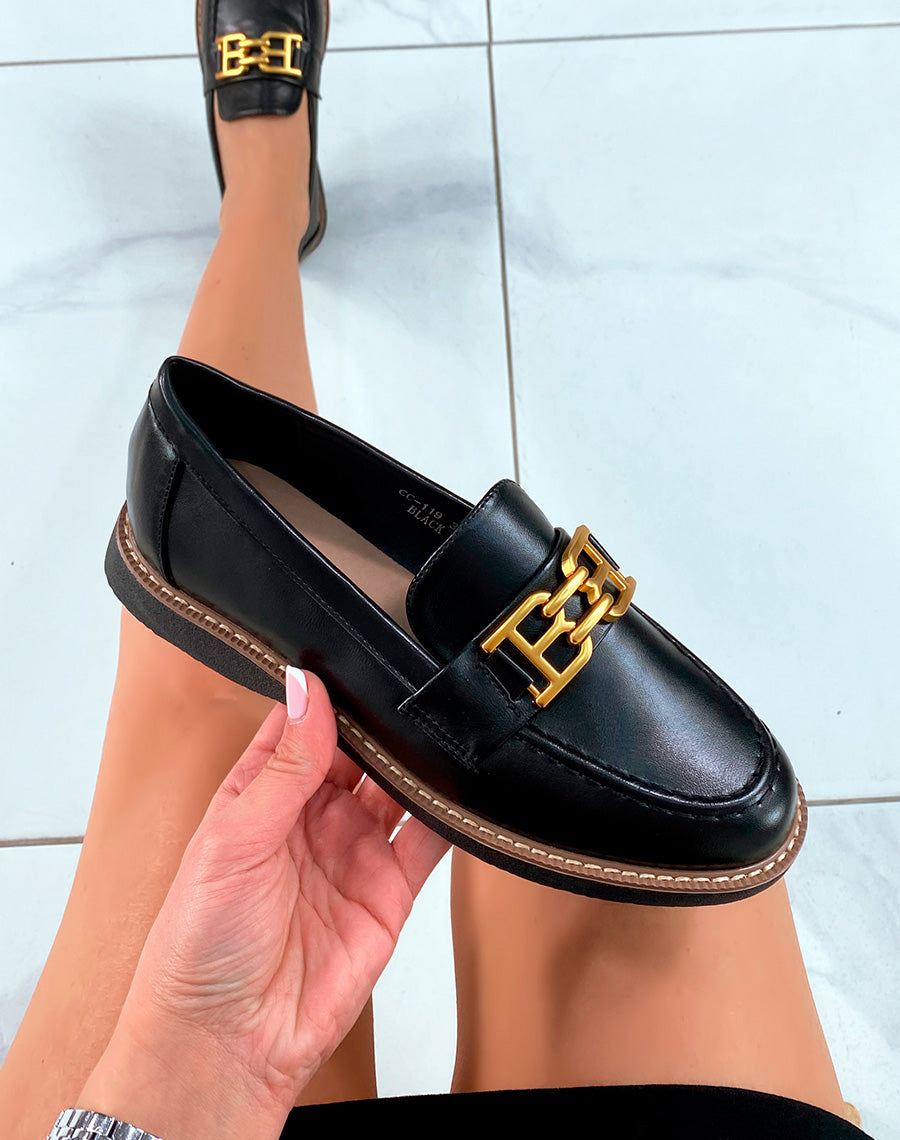 Mocassins noires avec détails dorés mat pour femme
