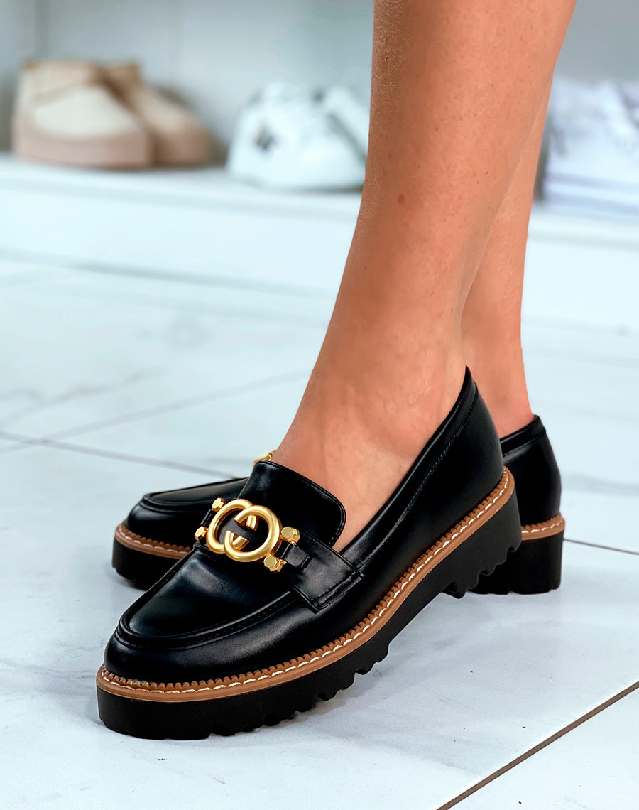 Mocassins noires à plateforme crantée avec détail doré